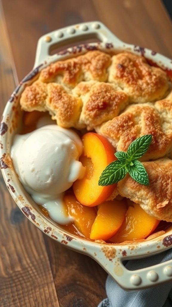 A delicious peach cobbler served with a scoop of vanilla ice cream and fresh mint.