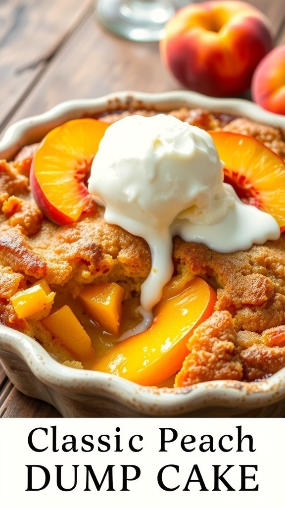 A delicious Classic Peach Dump Cake topped with ice cream and fresh peach slices.