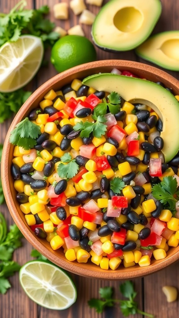 A colorful bowl of Southwest Corn and Black Bean Salad with corn, black beans, diced red peppers, and avocado, garnished with cilantro and lime.