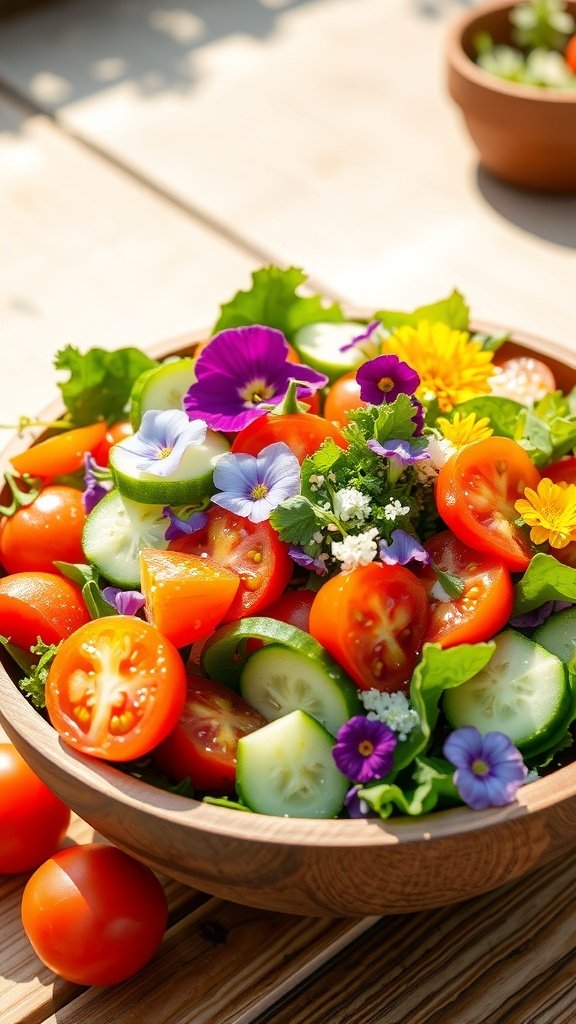 A vibrant summer salad with tomatoes, cucumbers, mixed greens, and edible flowers in a wooden bowl.