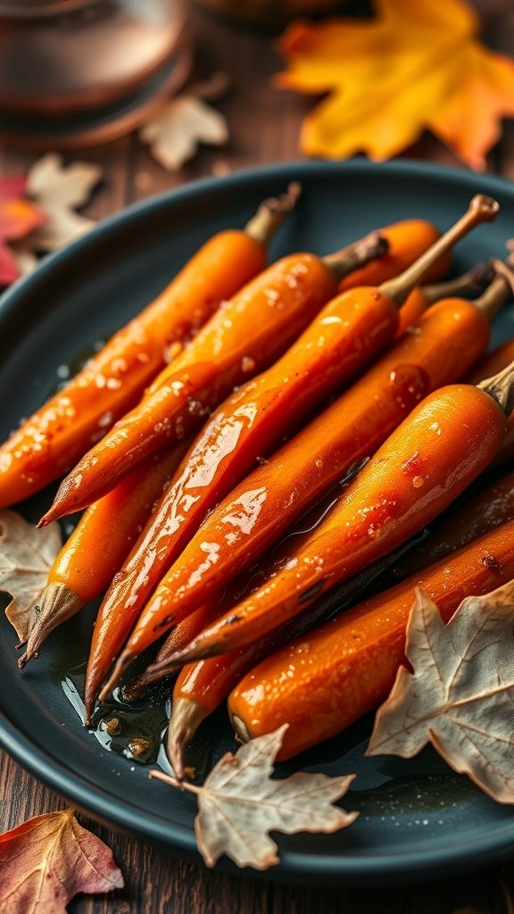 A plate of brown sugar glazed carrots with a glossy finish, surrounded by autumn leaves.