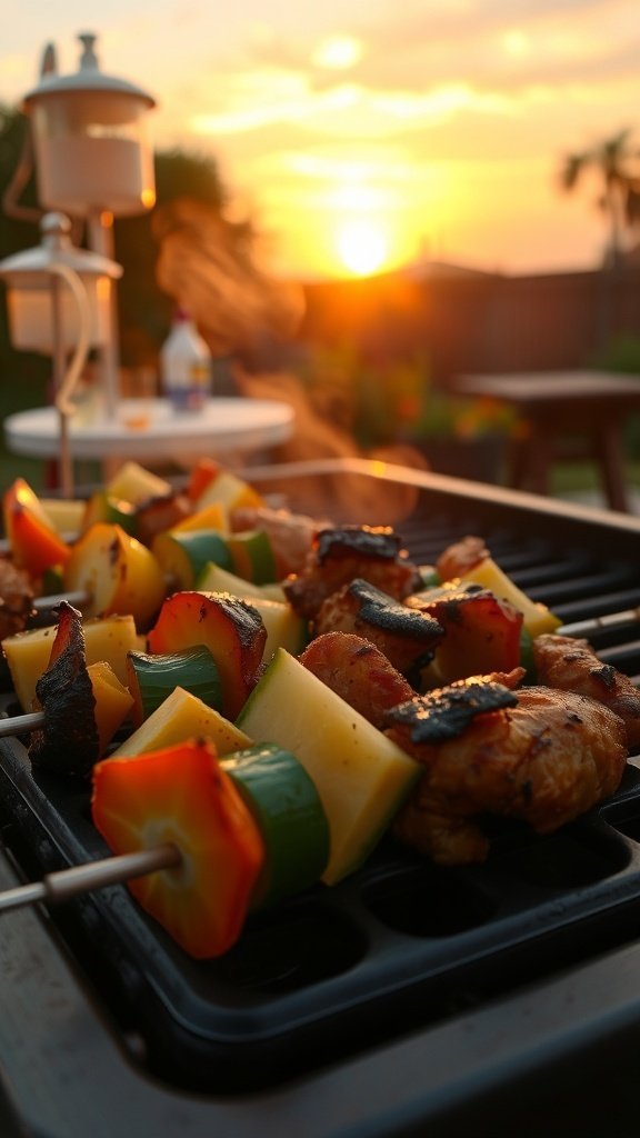 Grilled chicken and vegetable skewers on a barbecue grill with a sunset background.