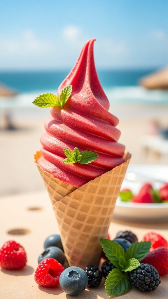A delicious cone of fruity gelato topped with mint leaves, surrounded by fresh berries on a sunny beach.