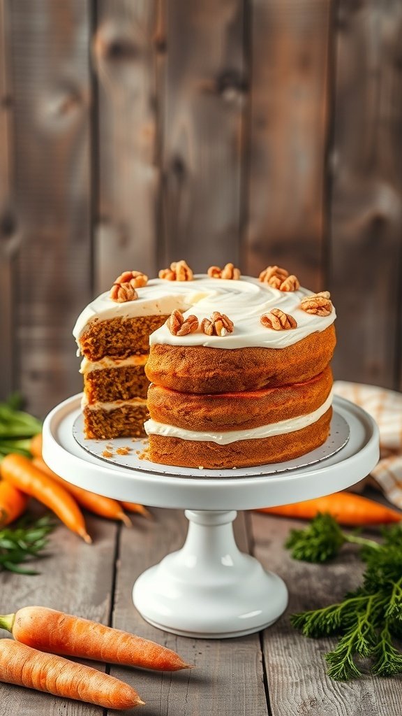 A beautifully layered carrot cake with cream cheese frosting and pecans, surrounded by fresh carrots.