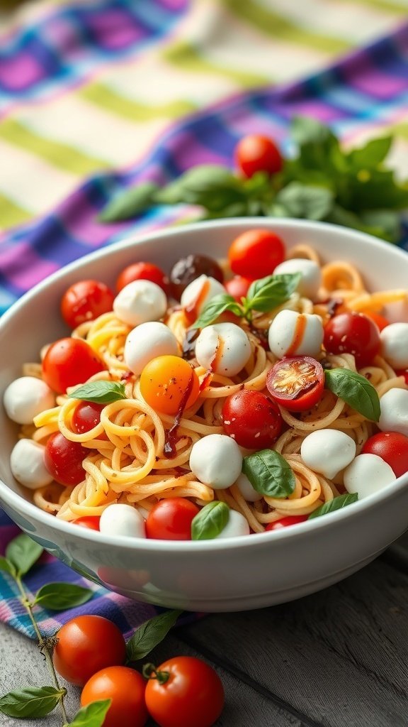 A colorful summer pasta salad with cherry tomatoes, mozzarella balls, and fresh basil in a white bowl.