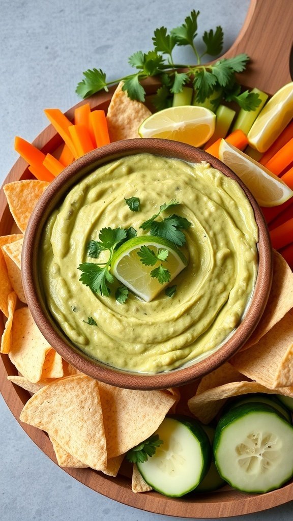 A bowl of avocado and white bean dip surrounded by colorful vegetables and tortilla chips.