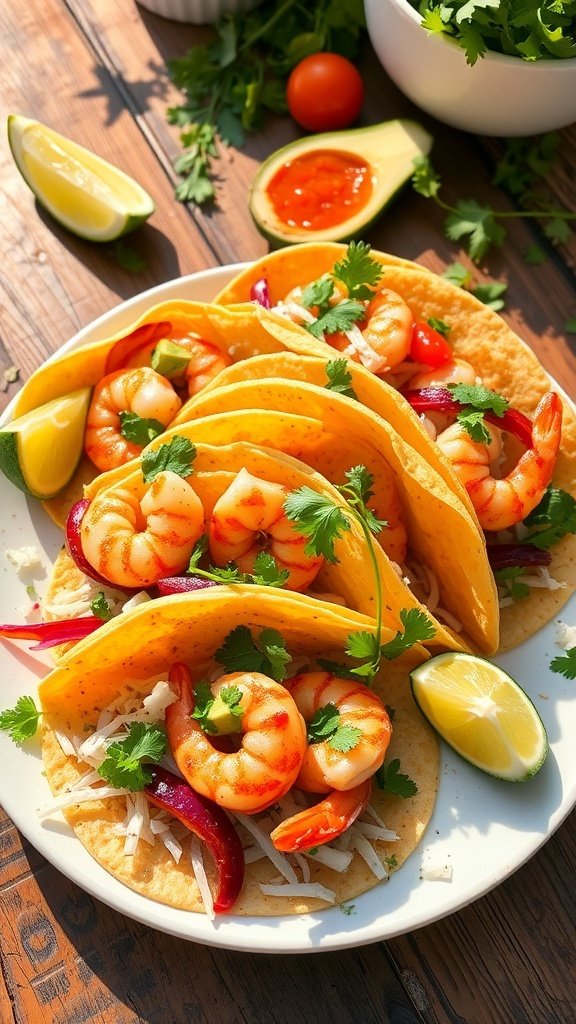 Plate of shrimp tacos with fresh toppings and lime wedges