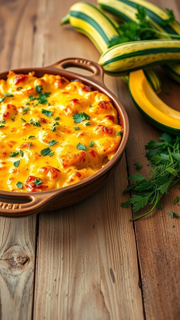 Creamy cheesy summer squash casserole in a baking dish with fresh squash on the side
