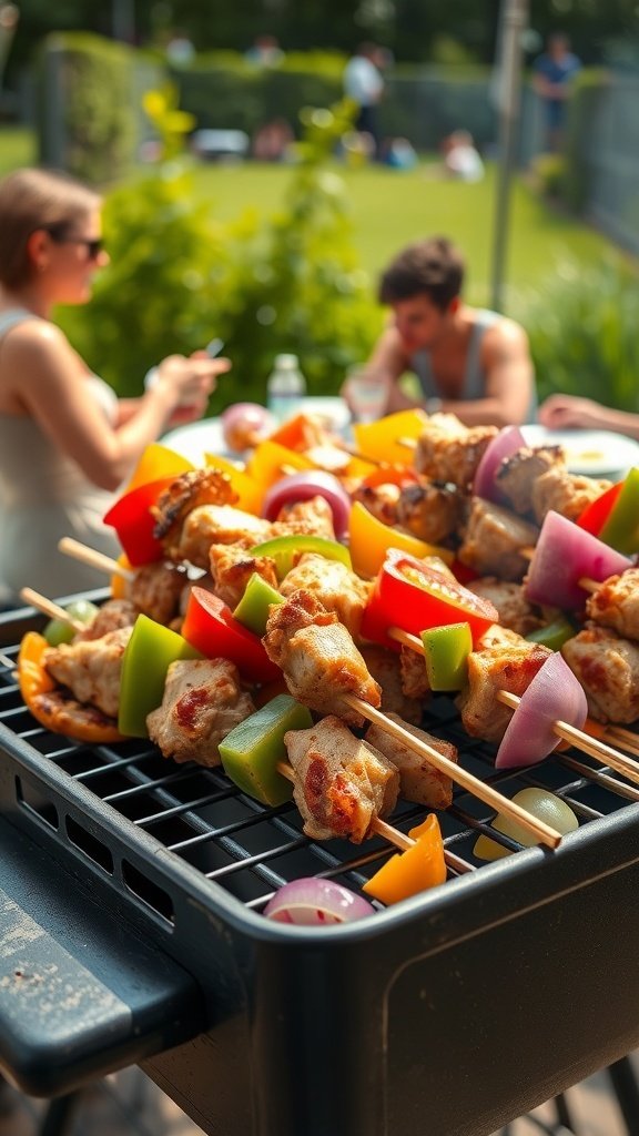 Grilled chicken skewers with colorful vegetables on a grill, with people enjoying a summer gathering in the background.