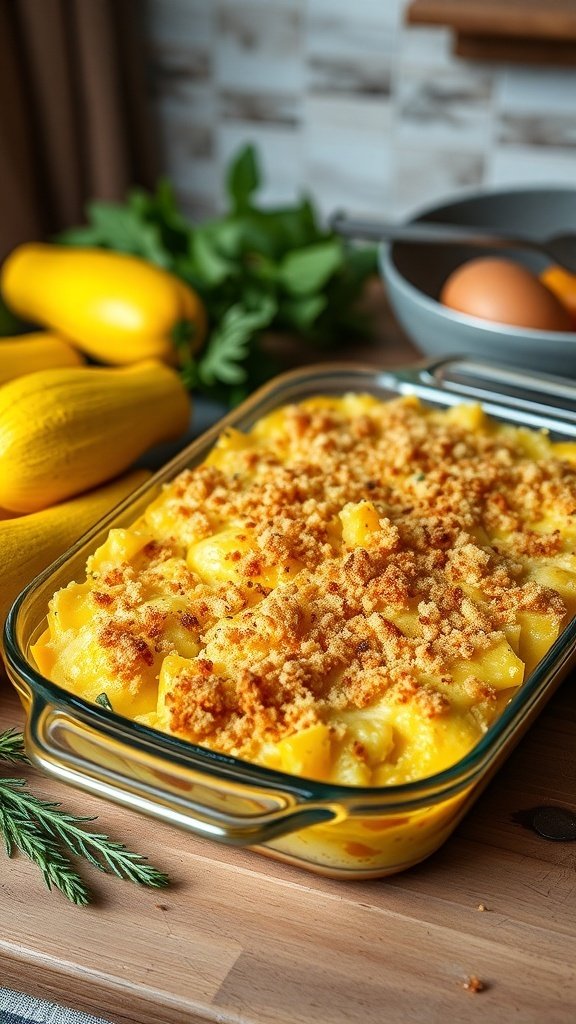 A hearty cheesy summer squash casserole topped with breadcrumbs, surrounded by fresh summer squash and eggs.