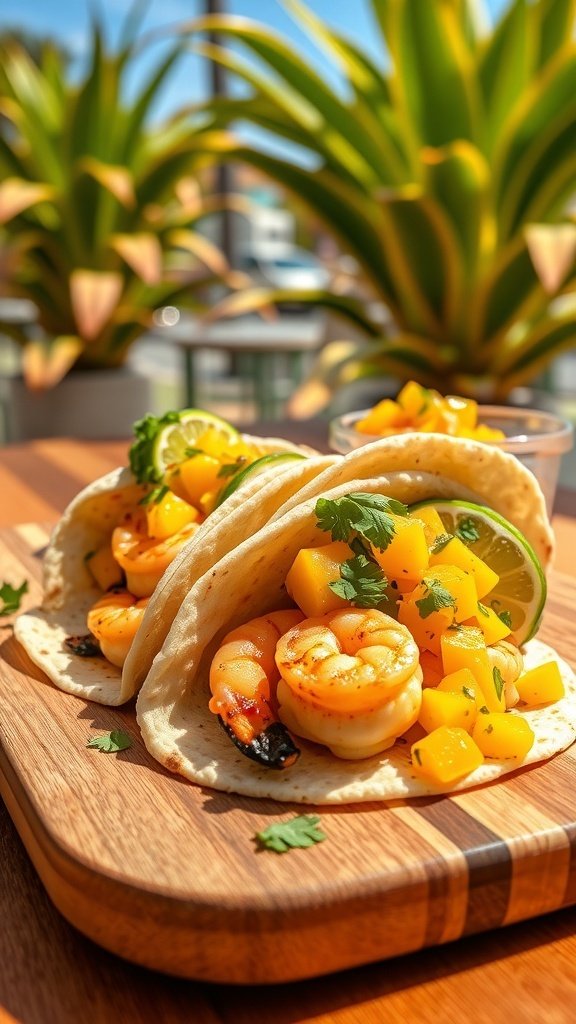 Grilled shrimp tacos with mango salsa on a wooden board, garnished with lime and cilantro.