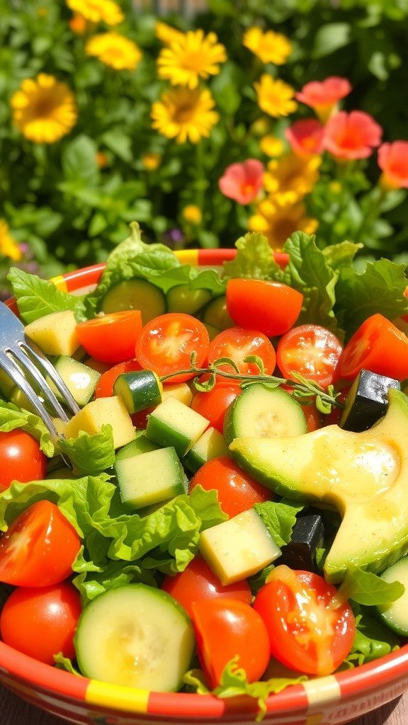 A colorful salad with tomatoes, cucumbers, and greens in a bowl, surrounded by flowers.