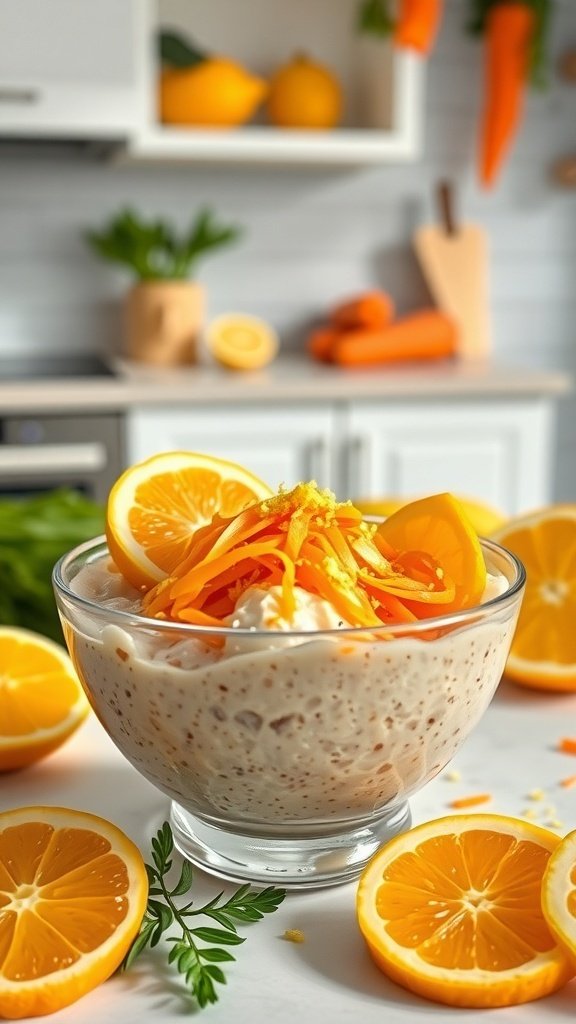 A bowl of carrot cake overnight oats topped with orange slices and grated carrots, surrounded by fresh oranges and carrots in a bright kitchen setting.