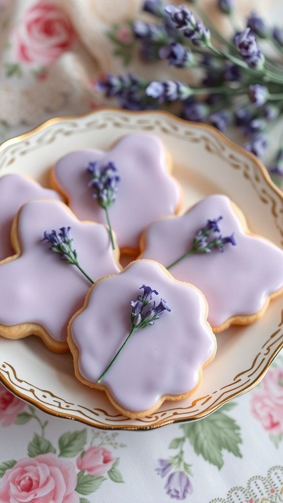 Lavender sugar cookies decorated with purple icing and lavender sprigs on a decorative plate.