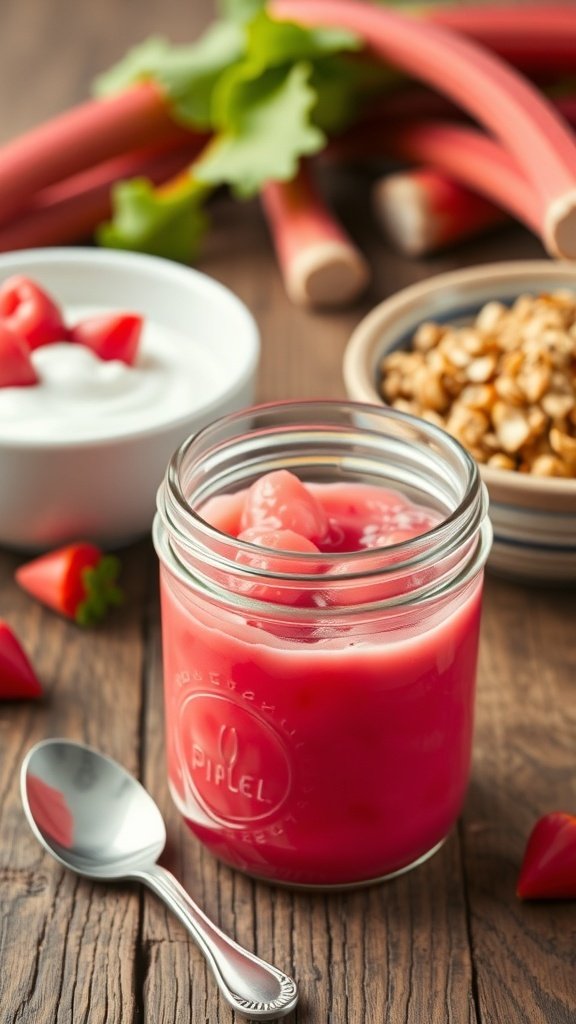 A jar of rhubarb compote with fresh rhubarb stalks and toppings like yogurt and granola.