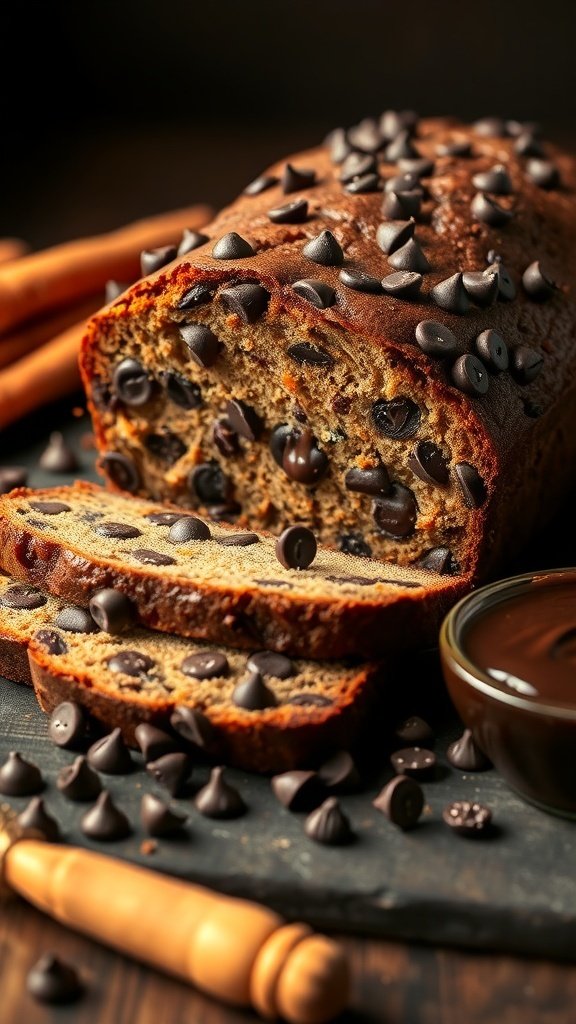 A loaf of chocolate chip carrot cake with slices cut and chocolate chips scattered around.