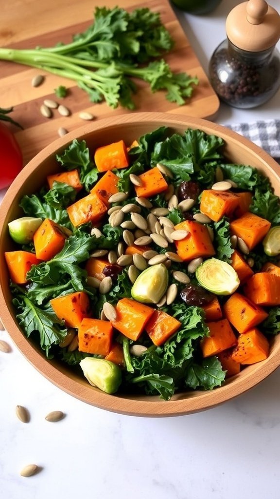 A hearty kale salad with roasted butternut squash, Brussels sprouts, and pumpkin seeds in a wooden bowl.