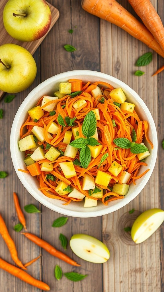 A colorful bowl of carrot and apple salad with mint leaves, surrounded by fresh carrots and apples.