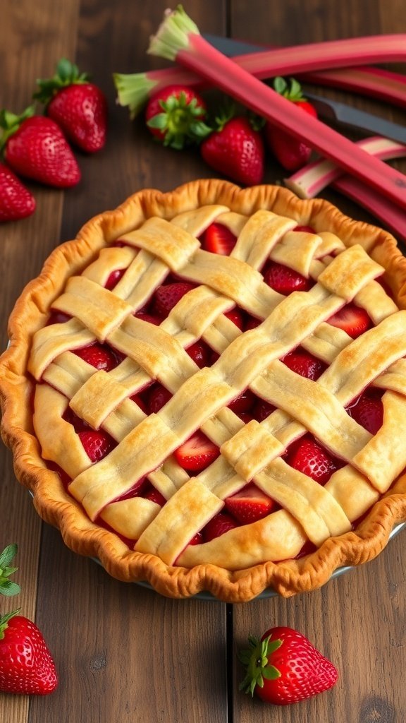 A classic strawberry rhubarb pie with a lattice crust, surrounded by fresh strawberries and rhubarb stalks.