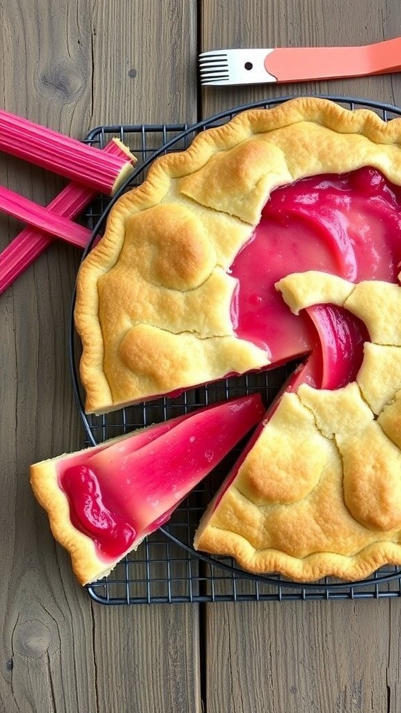 A freshly baked rhubarb pie with a slice removed, showcasing its pink filling and flaky crust.