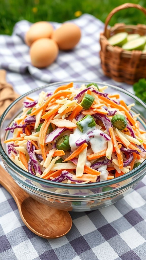 A colorful bowl of coleslaw with shredded cabbage, carrots, and a creamy dressing, surrounded by picnic items.