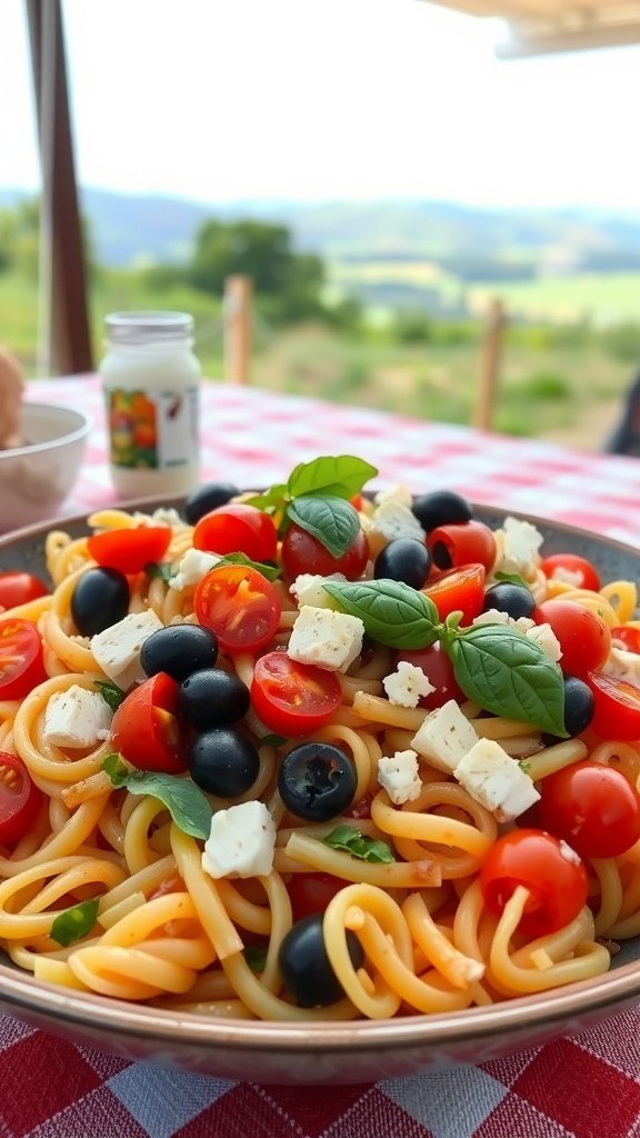 A colorful Mediterranean pasta salad with cherry tomatoes, black olives, and feta cheese, garnished with fresh basil.