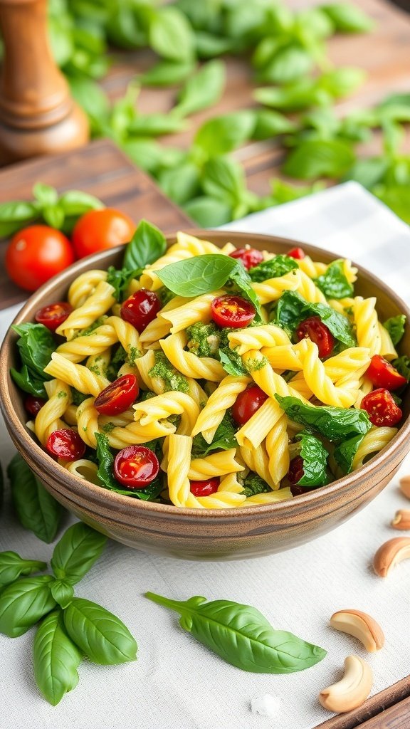 A bowl of savory pesto pasta salad with spinach and sun-dried tomatoes, garnished with fresh basil.