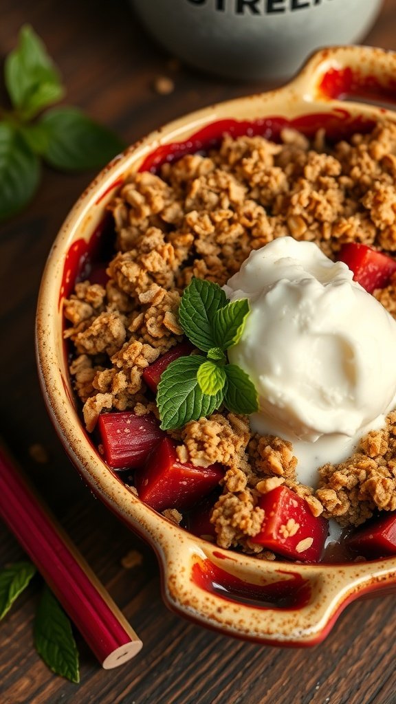 A delicious rhubarb crisp topped with oats and a scoop of vanilla ice cream, garnished with mint leaves.