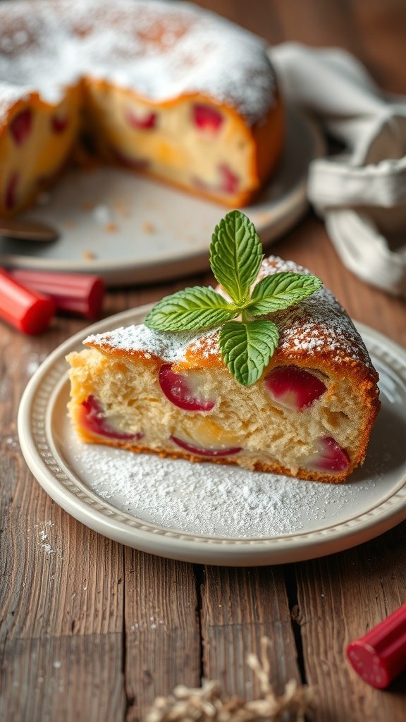 A slice of rhubarb cake with powdered sugar and a mint leaf on a plate.