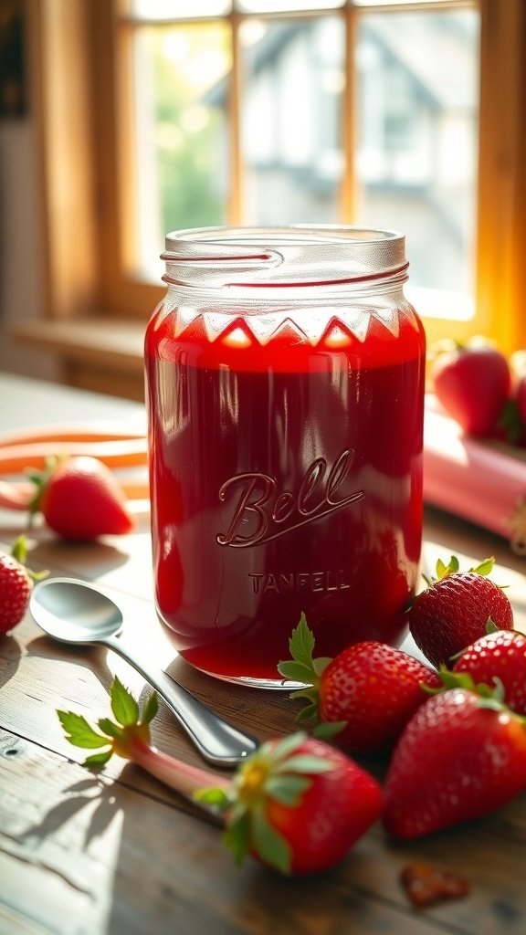 A jar of strawberry rhubarb jam surrounded by fresh strawberries and rhubarb on a wooden table.