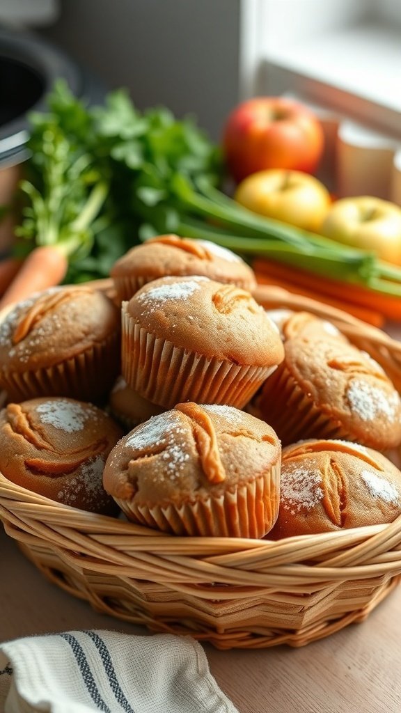 A basket of carrot and apple muffins with fresh carrots and apples in the background.