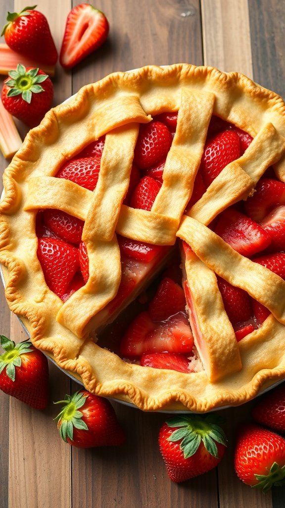 A classic strawberry rhubarb pie with a lattice crust, surrounded by fresh strawberries.