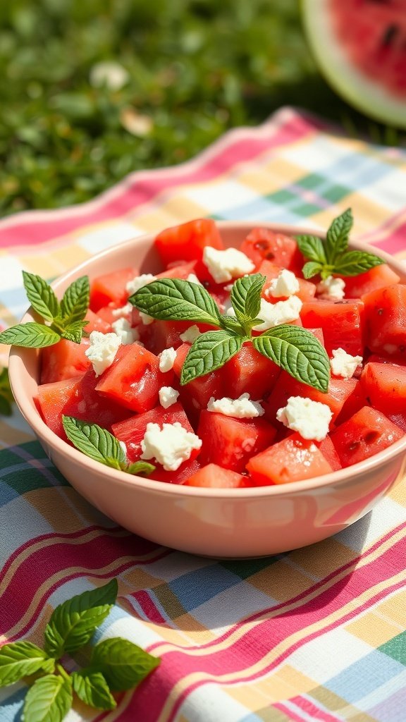 A bowl of watermelon salad with feta cheese and mint leaves on a picnic blanket.