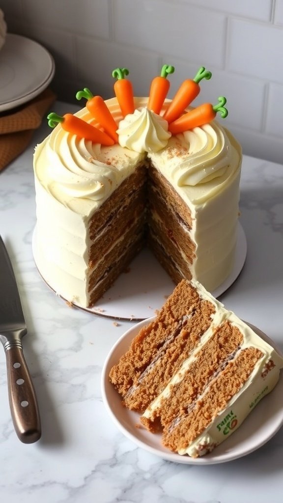 A beautifully decorated carrot cake with cream cheese swirls and mini carrot toppers, showcasing a slice revealing the moist layers inside.