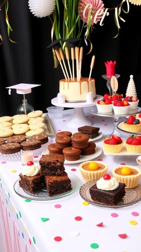 A colorful dessert table featuring graduation-themed treats including brownies, cupcakes, cookies, and a decorated cake.