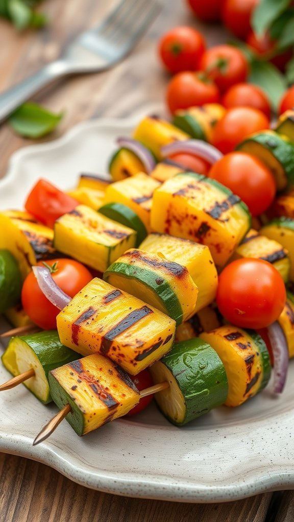 Grilled vegetable skewers with zucchini, bell peppers, and cherry tomatoes on a plate.