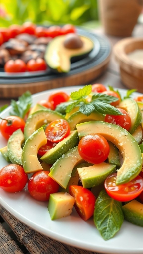 A vibrant creamy avocado and tomato salad with fresh basil on a white plate.
