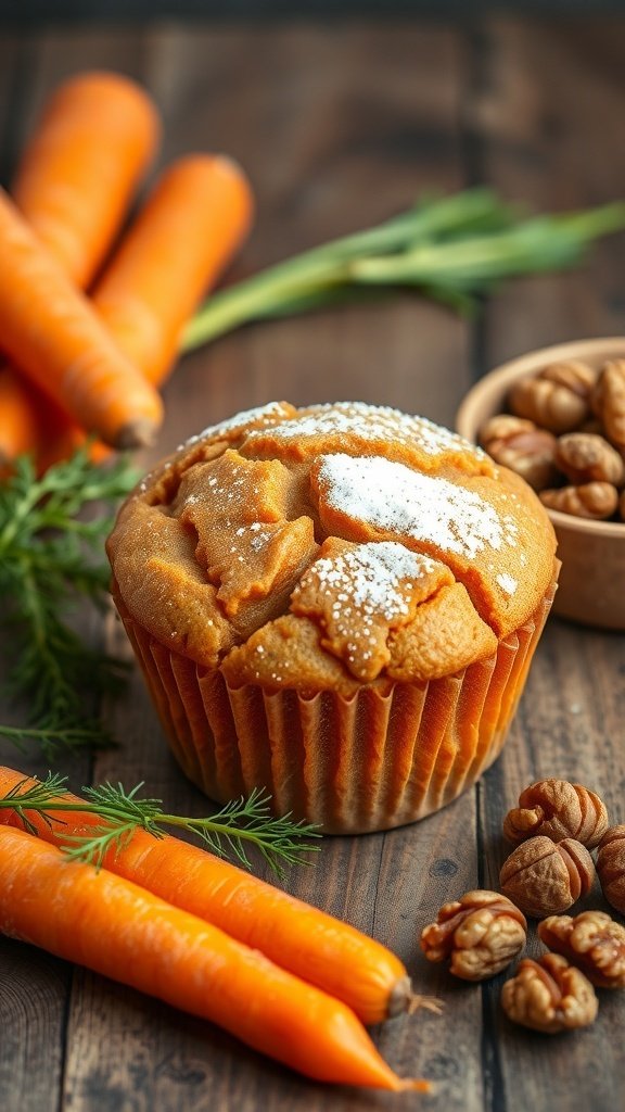 A freshly baked carrot muffin with powdered sugar on top, surrounded by fresh carrots and walnuts.