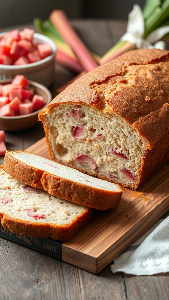 A loaf of rhubarb bread with slices cut, revealing chunks of rhubarb inside, placed on a wooden cutting board.