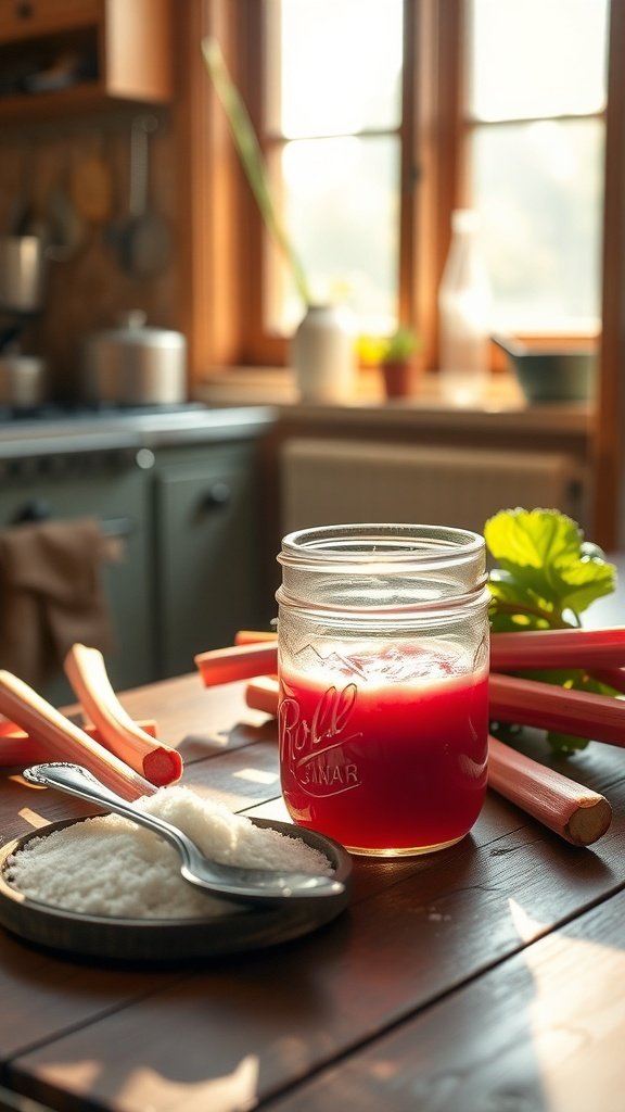 A jar of rhubarb jam on a wooden table with fresh rhubarb stalks and sugar.