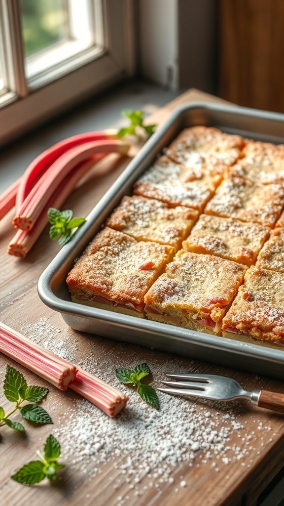 A tray of freshly baked rhubarb bars, dusted with powdered sugar, alongside fresh rhubarb stalks and mint leaves.