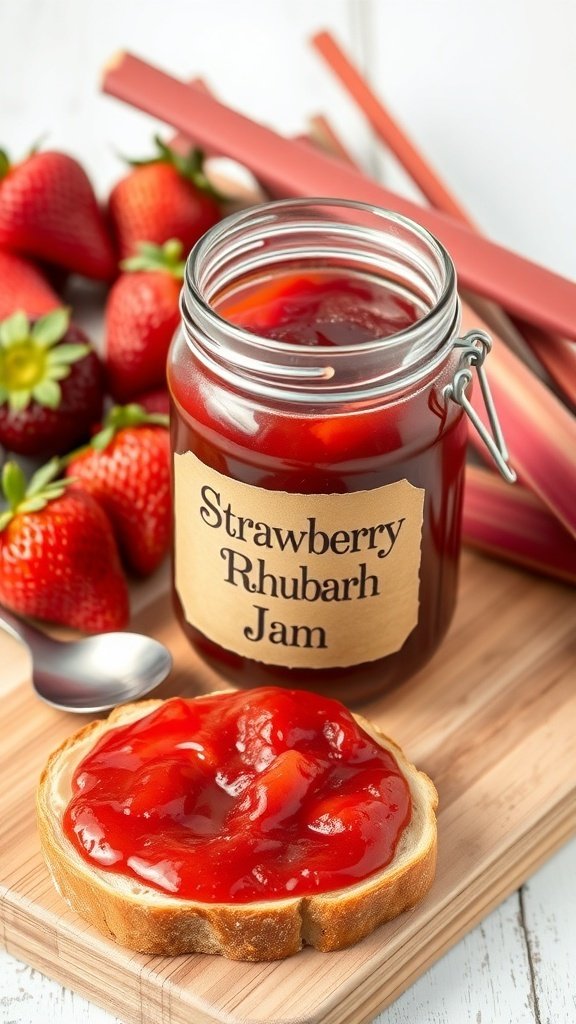 A jar of strawberry rhubarb jam with fresh strawberries and rhubarb stalks on a wooden board.