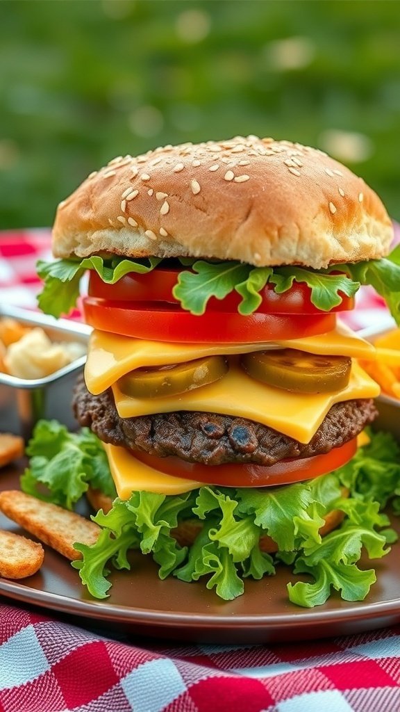 A classic burger with lettuce, tomato, cheese, and pickles on a sesame seed bun, served with fries.