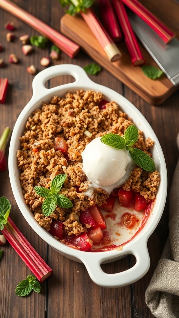 A delicious rhubarb crisp topped with ice cream, surrounded by fresh rhubarb stalks.