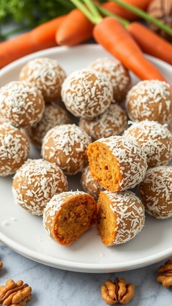 A plate of carrot cake energy bites rolled in coconut, with fresh carrots in the background.