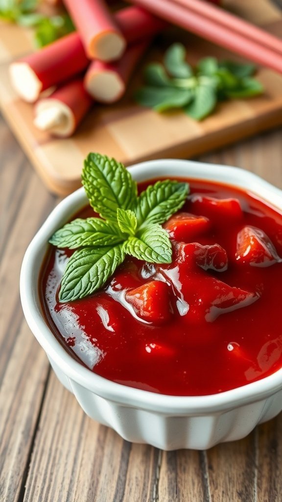 A bowl of vibrant red rhubarb sauce garnished with mint leaves, with fresh rhubarb stalks in the background.