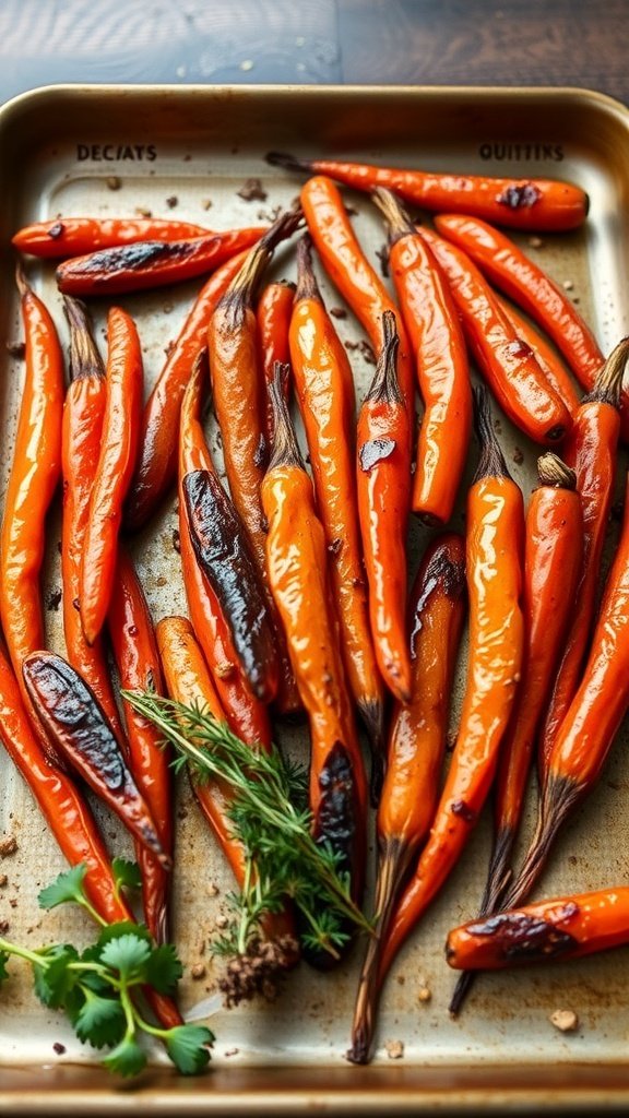 A tray of roasted honey glazed carrots with a glossy finish and some herbs.