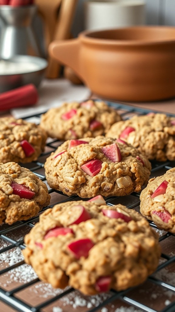 Freshly baked rhubarb oatmeal cookies cooling on a wire rack, with pieces of rhubarb visible.