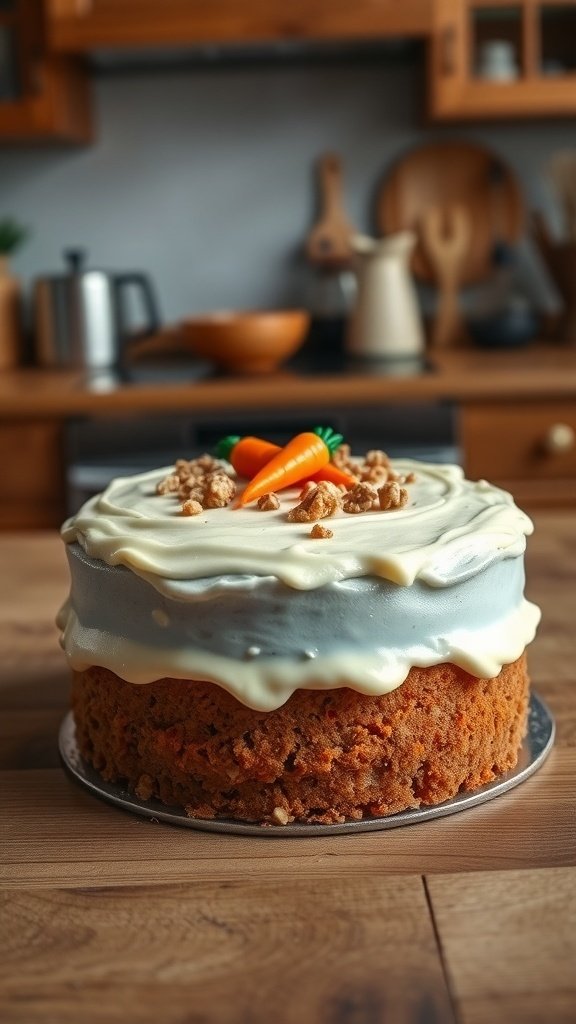 Moist carrot cake with cream cheese frosting, decorated with tiny carrots and walnuts, set on a wooden table.