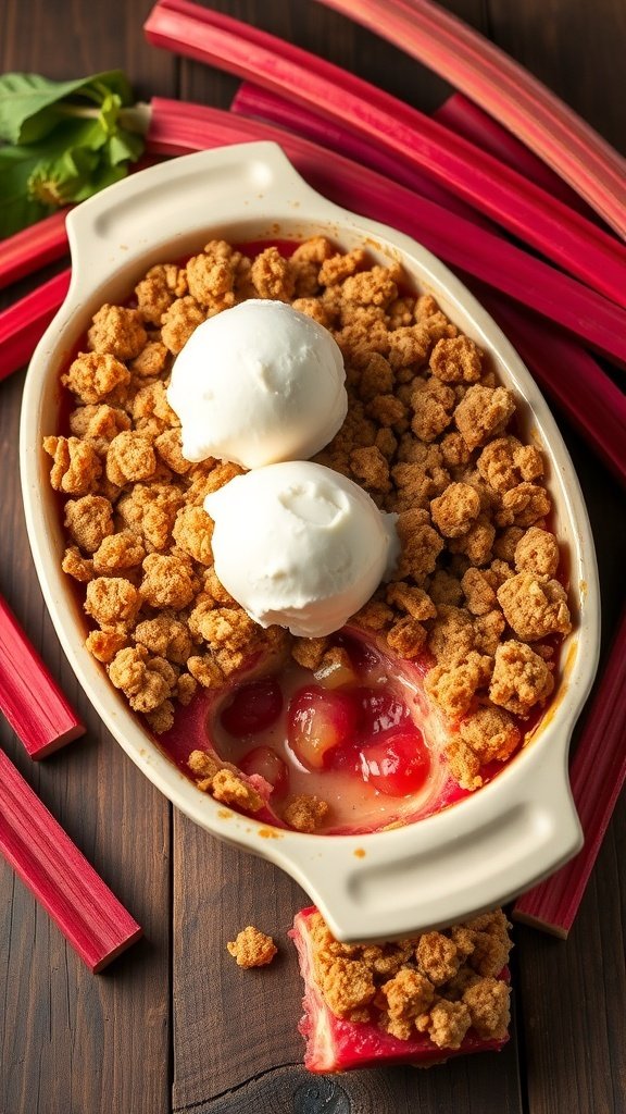 A delicious rhubarb crisp dessert topped with vanilla ice cream, surrounded by fresh rhubarb stalks.
